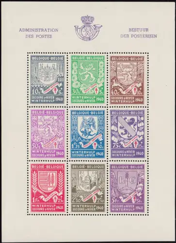 Belgique Block 9A Aide à l'hiver / Armoiries urbaines, dentées, frais de port **