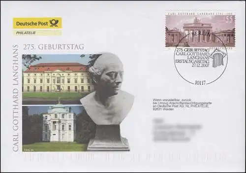 2634 Carl Gottgard Langhans Brandenburger Tor, Bijoux FDC Allemagne exclusivement