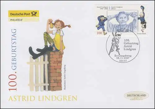 2629 Schriftstellerin Astrid Lindgren, Schmuck-FDC Deutschland exklusiv