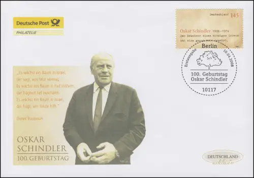 2660 Oskar Schindler, Schmuck-FDC Deutschland exklusiv