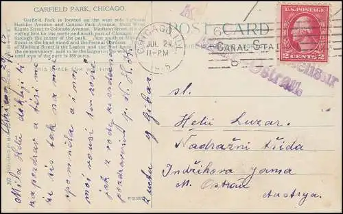 Censure dans la 1ère guerre mondiale K.U.K. Cresur Moravie.-Ostraus sur USA-AK Chicago 20.7.15