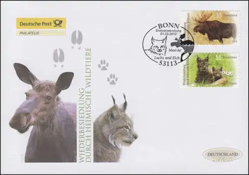 2921-2922 Luchs & Elch, selbstklebend, Satz auf Schmuck-FDC Deutschland exklusiv