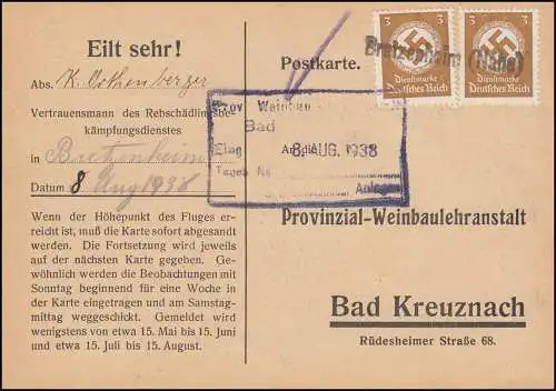 Landpost Bretzenheim (Nahe) auf Dienst Mottenflugmeldekarte, August 1938