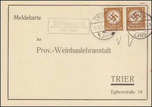 Landpost Niedermennig über Trier auf Dienst Mottenflugmeldekarte, 23.6.1938