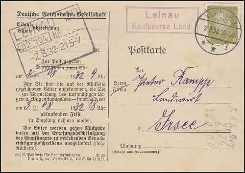 Landpost Leinau Kaufbeuren Land, Reichsbahn Leiau, 2.8.32