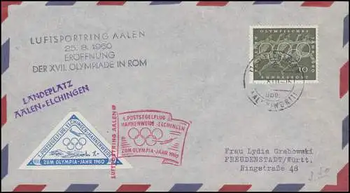 1. Vol postal Hahnenweide - Elchingen, Olympia 1960 Ouverture 25.8.1960