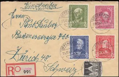 117-120 Wohnf 1949 + Bizone 2 Pf. portofive in R-Bf Uffennheim 21.12.49