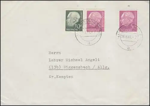 259y Heuss 30 Pf. LUMOGEN + 5 Pf. LUMOGEN + 179x auf Brief, BEURON 26.6.61