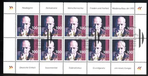 1824 Kurt Schumacher - 10er-Bogen Ersttagssonderstempel ESSt