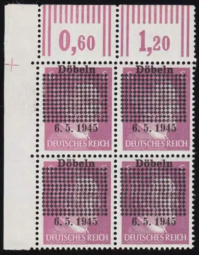 Döbeln 1b 6 Pf. Gitterüberdruck mit Datum 6.5.1945, Eck-Vbl. o.l., postfrisch **
