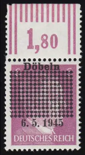Döbeln 1b 6 Pf. Gitterüberdruck mit Datum 6.5.1945, Oberrand, postfrisch **
