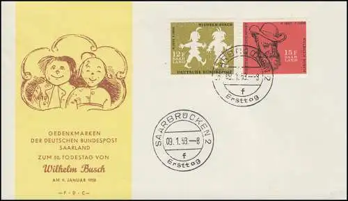 429-430 Wilhelm Busch: Max und Moritz Satz auf Schmuck-FDC SAARBRÜCKEN 9.1.1958