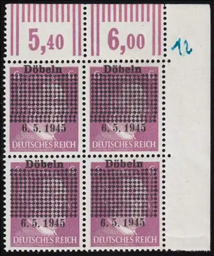 Döbeln 1b 6 Pf. Gitterüberdruck mit Datum 6.5.1945, Eck-Vbl. o.r., postfrisch **