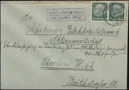Landpost Schlaubehammer über Frankfurt Oder auf Brief FRANKFURT LAND 7.2.38