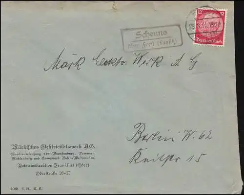 Landpost Scheuno über Forst Lausitz auf Brief FORST LAUSITZ LAND 29.8.34