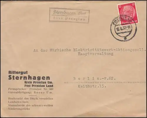 Landpost Sternhagen Gut über Prenzlau auf Brief PRENZLAU 15.6.37