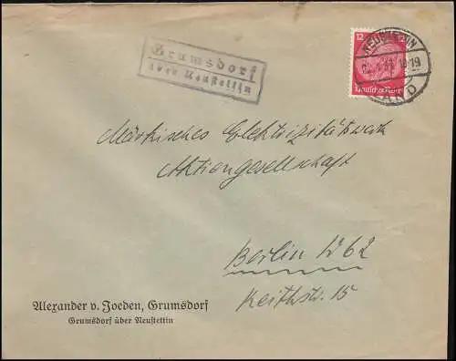 Landpost Grumsdorf über Neustettin auf Brief NEUSTETTIN 22.4.37