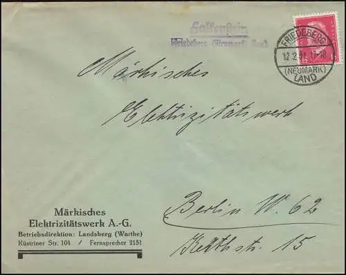 Landpost Falkenstein Friedeberg Neumark Land auf Brief FRIEDEBERG LAND 12.2.31