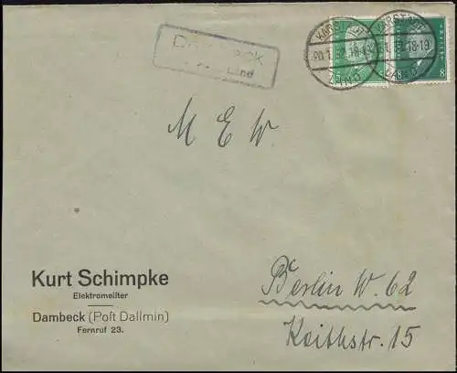 Landpost Dambeck Post Dallmin Land auf Brief KARSTÄDT LAND 20.1.32