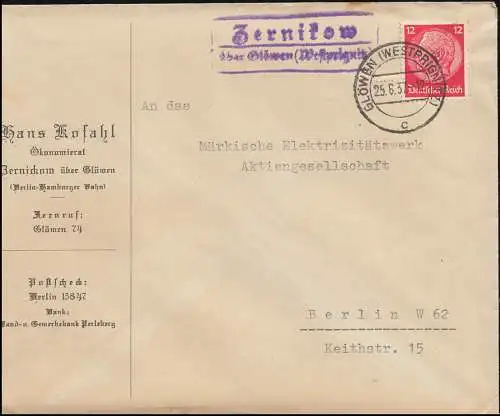 Landpost Zernikow über Glöwen Westprignitz auf Brief GLÖWEN 25.6.37