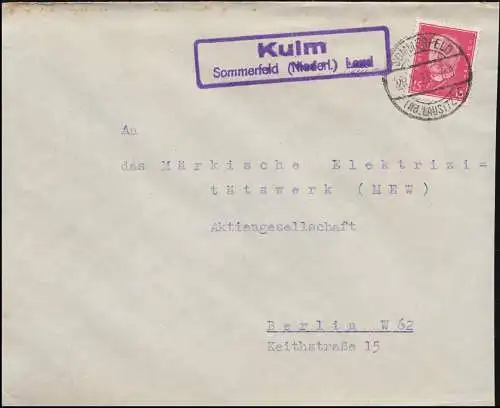 Landpost Kulm Sommerfeld Niederlausitz Land auf Brief Sommerfeld Jan. 1931