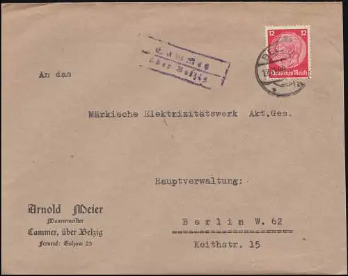 Landpost Cammer über Belzig auf Brief BELZIG 12.11.40