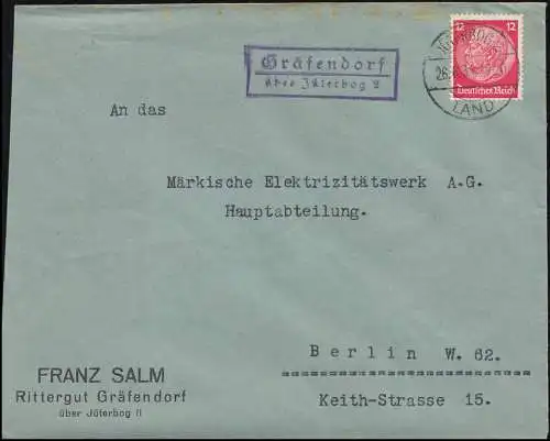 Landpost Rittergut Gräfendorf über Jüterbog auf Brief JÜTERBOG 2 26.6.34