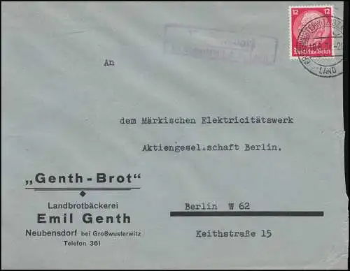 Landpost Neubensdorf bei Großwusterwitz auf Bäckerei-Brief 18.6.34