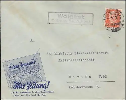 Landpost Wolgast Woldenberg Neumark Land auf Brief WOLDENBERG 1932