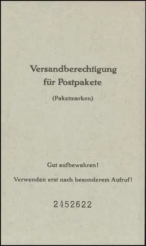 Markenheftchen Paket-Zulassungsmarken PZ I A (links durchgezähnt), ** postfrisch