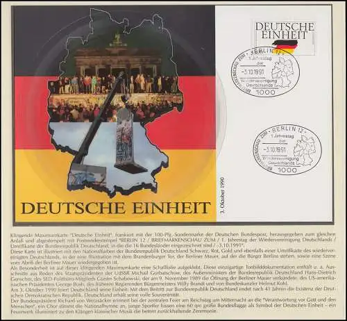 Schallplatten-Karte Deutsche Einheit, SST 1. Jahrestag BERLIN 3.10.91
