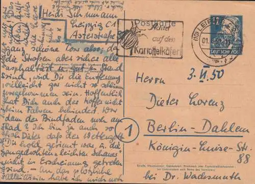 Postkarte P 36b Engels 12 Pf. DV M 301 / C 4296 - gelbgrün, LEIPZIG 1.6.1950