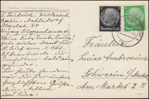 AK Berlin - Die neue Reichskanzlei, BERLIN-MAHLSDORF 20.10.1941 nach Schwerin