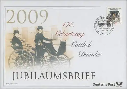 2725 Benzinmotor & 175. Geburtstag Gottlieb Daimler 2009 - Jubiläumsbrief
