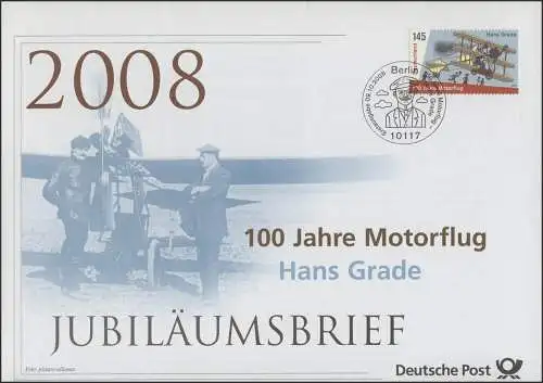 2698 Hans Grade & 100 Jahre Motorflug 2008 - Jubiläumsbrief