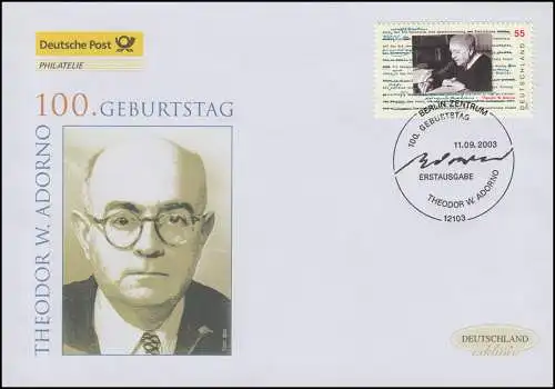 2361 Philosoph Theodor W. Adorno, Schmuck-FDC Deutschland exklusiv