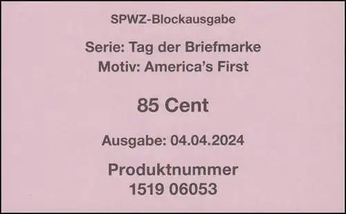 Block 93 America´s First, Ochsenaugen, Beipackzettel der Blockausgabe
