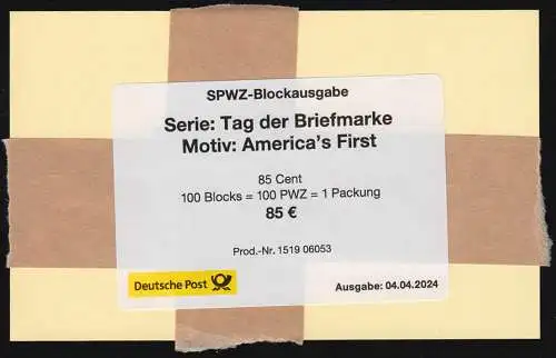 Block 93 America´s First, Ochsenaugen, BANDEROLE für 100 Blocks