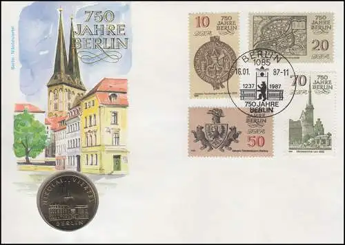 DDR-Numisbrief 750 Jahre Berlin Nikolai-Viertel 5-M-Gedenkmünze, FDC 16.1.1987