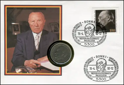 Numisbrief Konrad Adenauer 2 DM / 25. Todestag 19.4.1992, SST Bonn