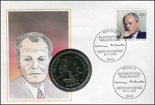 Numisbrief Willy Brandt Münze 1$, 80, Geburtstag, FDC 10.11.93