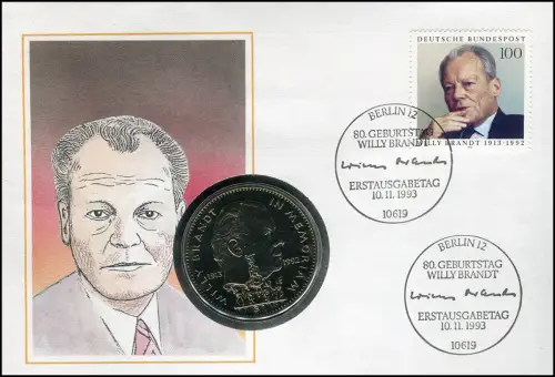 Numisbrief Willy Brandt Münze 1$, 80. Geburtstag, FDC 10.11.93