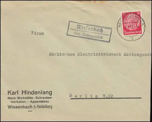Landpost Wiesenbach über Neckargemünd, Brief NECKARGEMÜND 3.8.37