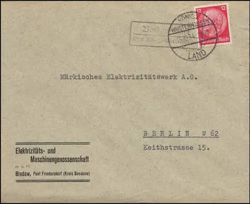 Landpost Bindow Dorf üb. Königs-Wusterhausen, Brief KÖNIGS WUSTERHAUSEN 15.10.34