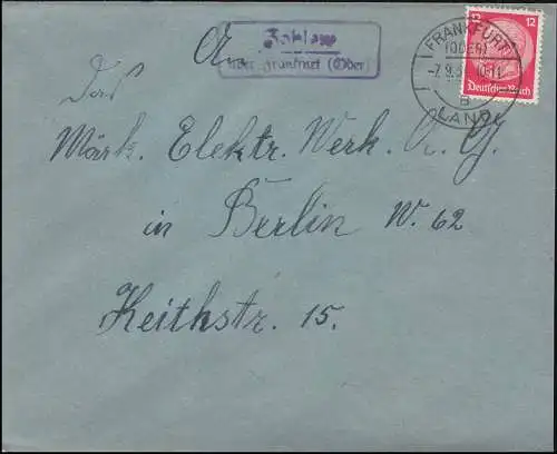 Landpost Zohlow über Frankfurt Oder, Brief FRANKFURT ODER LAND 7.9.34