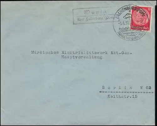 Landpost Wutzig über Falkenburg Pommern, Brief FALKENBURG POMMERN 5.6.37