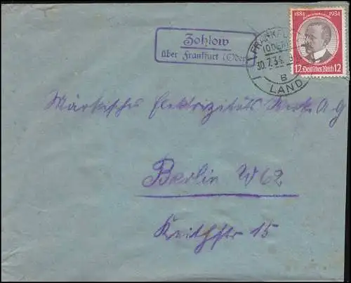 Landpost Zohlow über Frankfurt Oder, Brief FRANKFURT ODER LAND 30.7.34