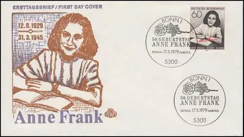 1013 Anne Frank auf Schmuck-FDC ESSt Bonn 50. Geburtstgag 17.5.1979