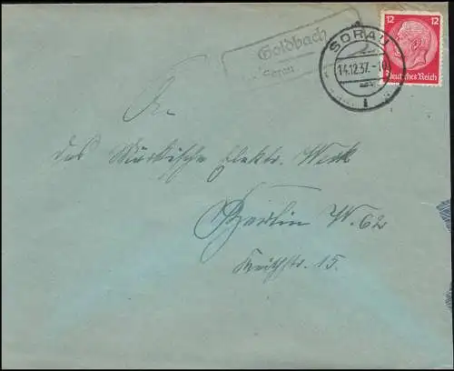 Landpost Goldbach über Sorau, Brief SORAU 14.12.37