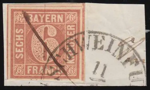 Bayern 4I Ziffer 6 Kreuzer auf Bfst. Halbkreisstempel SCHWEINFURT + Federzug